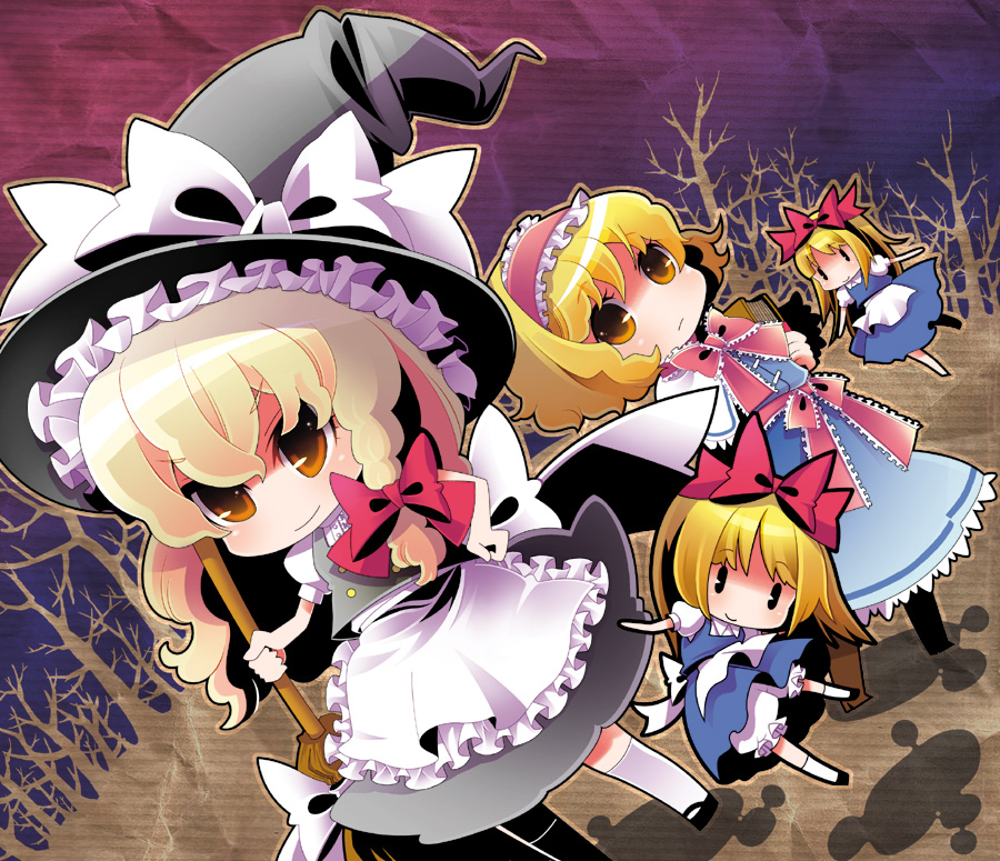 moonyan, alice margatroid, kirisame marisa, shanghai doll, touhou, 4girls, blonde hair, broom, doll, dress, female focus, hat, long hair, multiple girls, nature, outdoors, plant, ribbon, short hair, skirt, sky, underwear