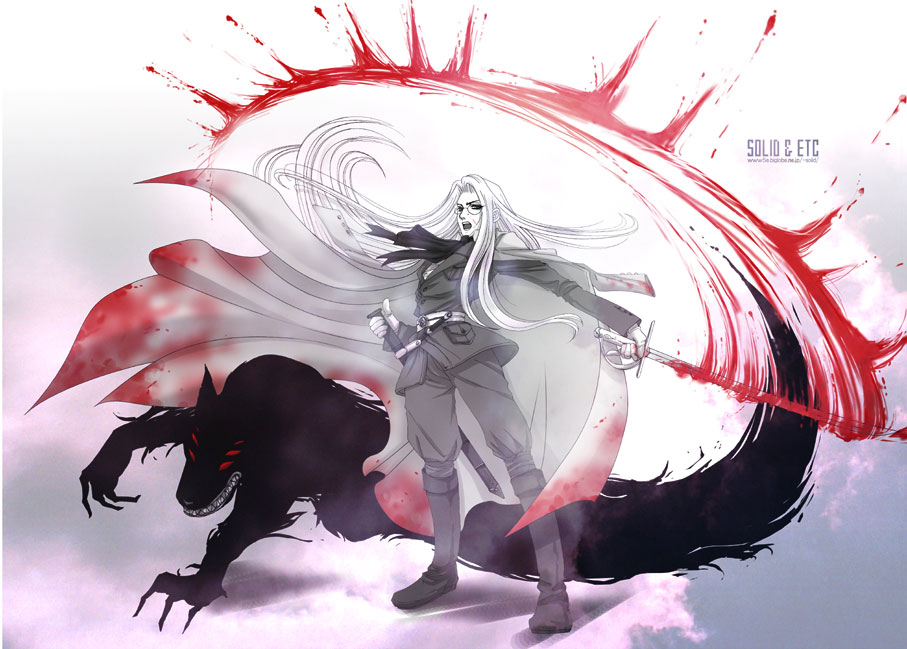 solid&etc, alucard (hellsing), integra hellsing, hellsing, 1girl, alternate form, androgynous, blood, boots, cape, glasses, long hair, monster, necktie, reverse trap, sword, weapon