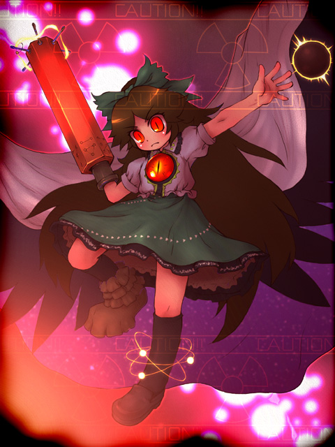 sankuma, reiuji utsuho, touhou, 1girl, black hair, bow, cape, female focus, full body, gradient background, hair ribbon, long hair, red eyes, ribbon, skirt, socks, solo, very long hair, wings