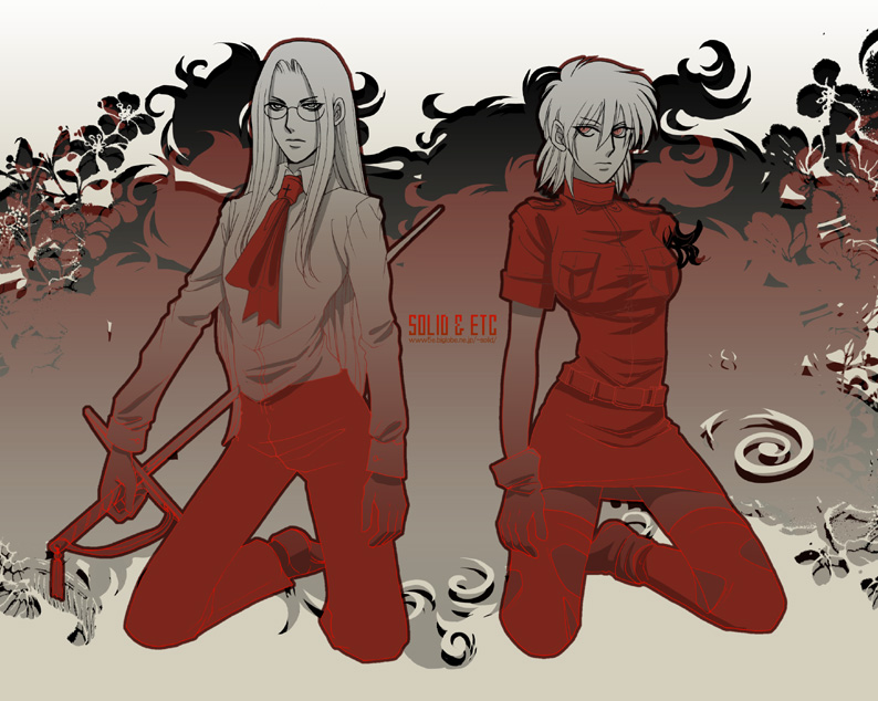 solid&etc, integra hellsing, seras victoria, hellsing, one arm, uniform, 2girls, androgynous, dress shirt, glasses, gloves, kneeling, long hair, miniskirt, multiple girls, necktie, reverse trap, shirt, single glove, sword, thighhighs, vampire, weapon, zettai ryouiki