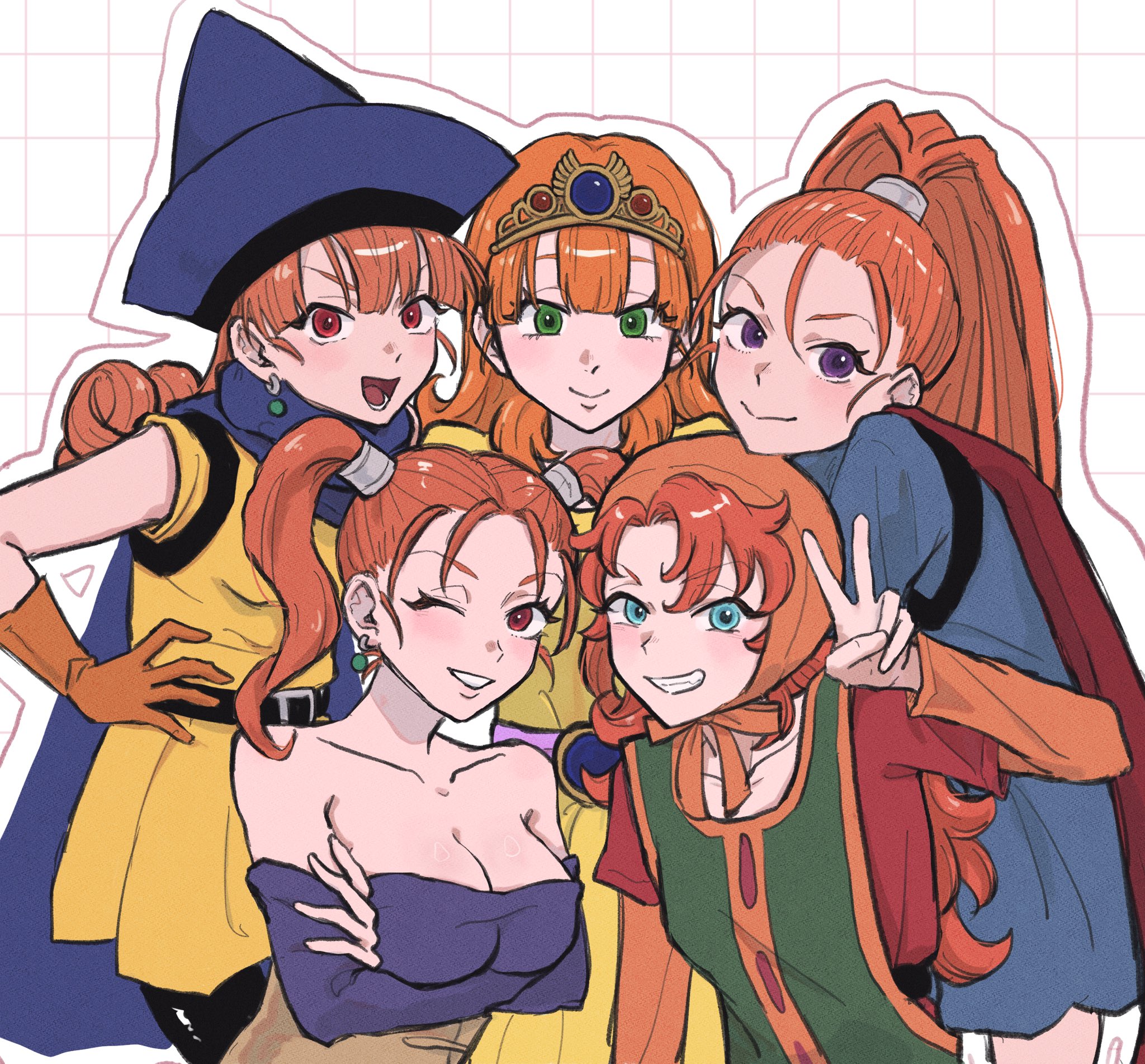 alena (dq4), barbara (dq6), jessica albert, maribel (dq7), princess laura, dragon quest, dragon quest i, dragon quest iv, dragon quest vi, dragon quest vii, dragon quest viii, highres, 5girls, bare shoulders, blue cloak, blue eyes, blue hat, blue shirt, blue tunic, blunt bangs, border, breasts, brown eyes, brown hair, cleavage, cloak, closed mouth, color connection, crossed arms, curly hair, earrings, gloves, green eyes, grid background, grin, hair between eyes, hair color connection, hair tie, hat, jewelry, large breasts, long hair, medium breasts, multiple girls, off-shoulder shirt, off shoulder, one eye closed, open mouth, orange gloves, orange hood, orange shirt, pantyhose, parted lips, pggnqsjwrc62509, ponytail, purple eyes, red cloak, red shirt, shirt, sidelocks, smile, teeth, tiara, tunic, twintails, upper body, v, white border, yellow tunic