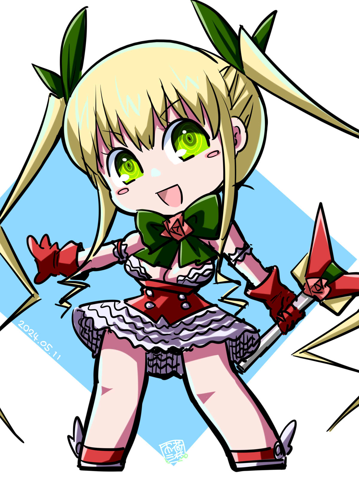itini-sanshi, shinku, rozen maiden, commentary request, highres, 1girl, :d, alternate breast size (larger), alternate costume, blonde hair, blue background, blush stickers, bow, bowtie, breasts, cleavage, corset, dated, dress, frilled dress, frills, full body, gloves, green bow, green bowtie, green eyes, hair bow, large breasts, long hair, looking at viewer, magical girl, open mouth, red corset, red gloves, red shoes, ringed eyes, shoes, sidelocks, simple background, smile, solo, twintails, two-tone background, very long hair, white background, white dress