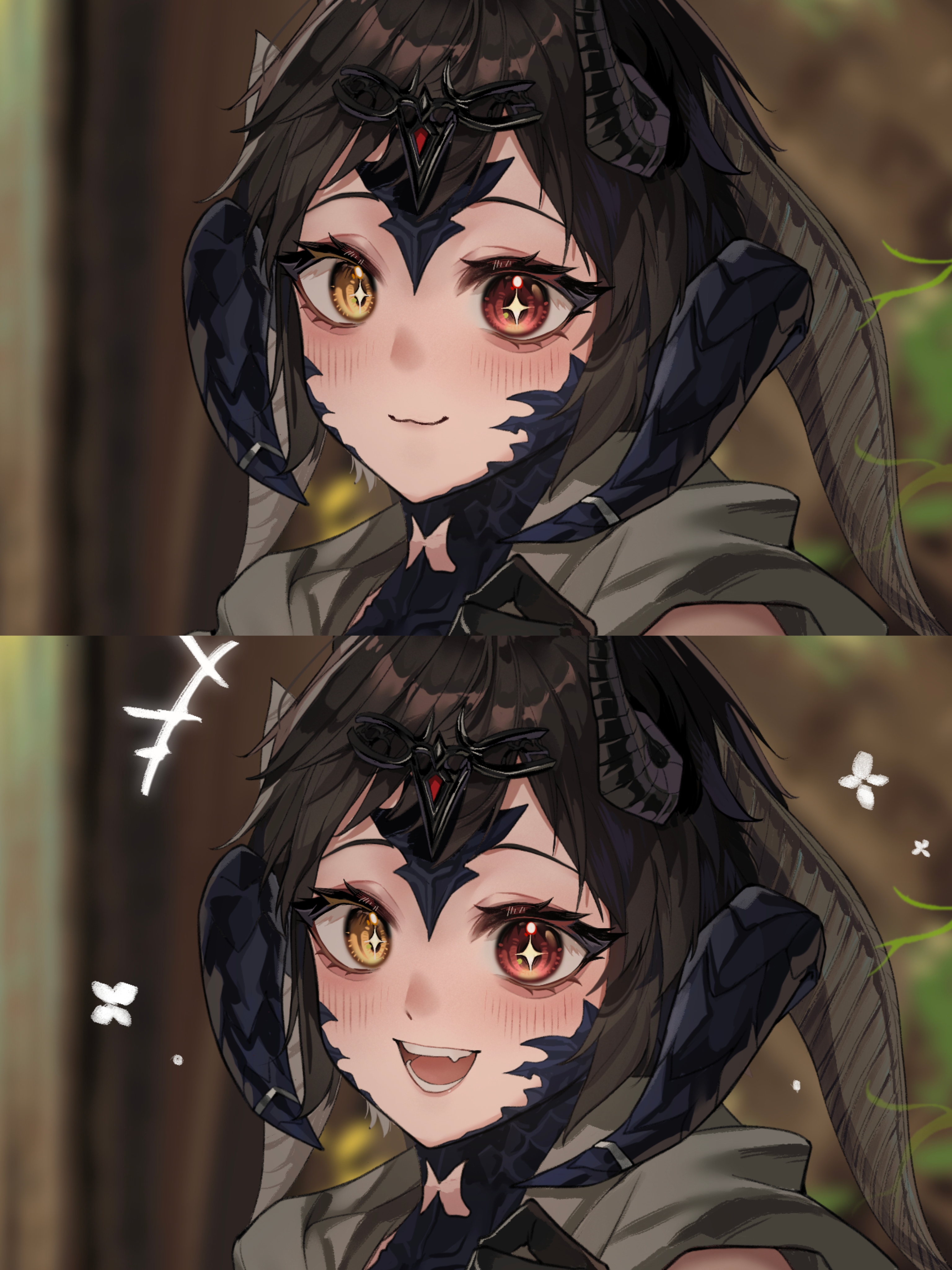 morisenlin, warrior of light (ff14), final fantasy, final fantasy xiv, absurdres, highres, 1girl, au ra, blush, breasts, brown hair, cleavage, close-up, closed mouth, demon horns, dragon horns, dragon tail, heterochromia, horn ornament, horn ring, horns, looking at viewer, medium breasts, multiple horns, open mouth, red eyes, scales, short hair, smile, split screen, tail, teeth, upper body, yellow eyes