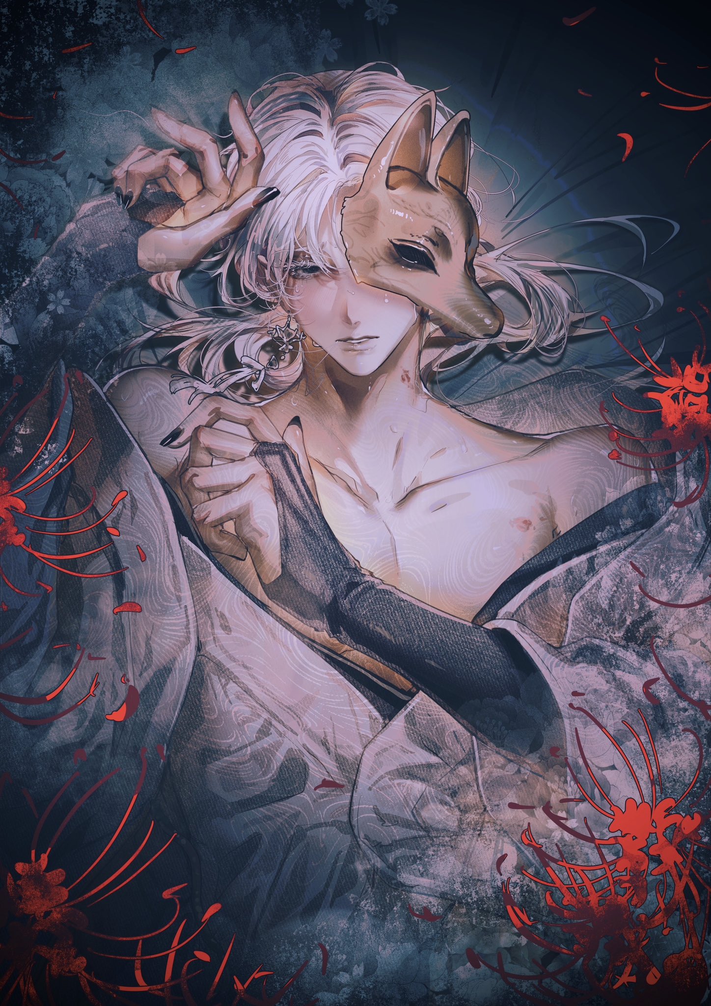 fox mask (silent hill), silent hill (series), silent hill f, highres, 1boy, bare shoulders, bishounen, bite mark, bite mark on neck, black nails, bridal gauntlets, collarbone, colored eyelashes, earrings, flower, fox mask, gohan yosouyo, hair between eyes, japanese clothes, jewelry, long hair, male focus, mask, nail polish, open clothes, open robe, parted lips, red flower, robe, single earring, solo, spider lily, tassel, tassel earrings, upper body, white hair, white robe