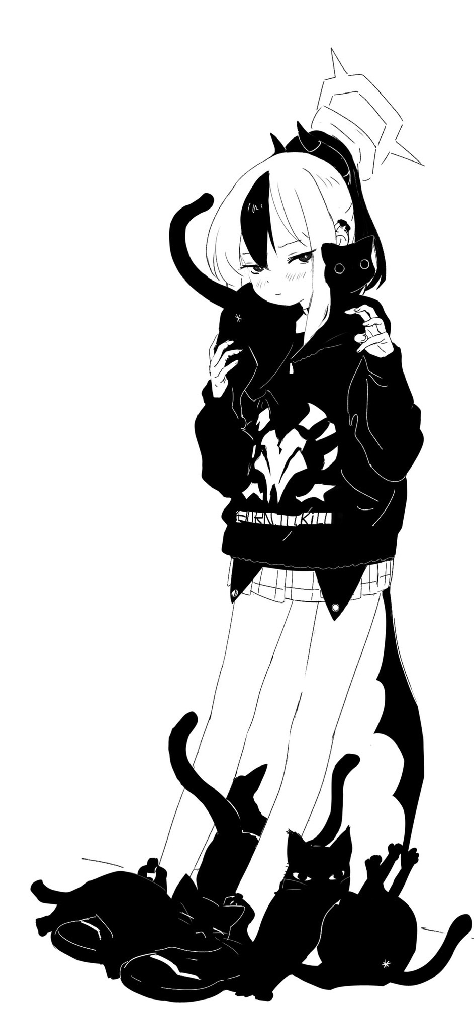 negiuma, kayoko (blue archive), blue archive, commentary request, highres, 1girl, against wall, animal, animal on shoulder, black cat, blush, cat, cat on shoulder, claw pose, closed mouth, cuddling, demon horns, demon wings, earclip, full body, glaring, greyscale, half-closed eyes, halo, hand on animal, hand up, hands up, hood, hood down, hoodie, horns, leaning back, long sleeves, looking at viewer, low wings, medium hair, miniskirt, monochrome, multicolored hair, pleated skirt, ponytail, print hoodie, shoes, simple background, skirt, solo, standing, two-tone hair, wings