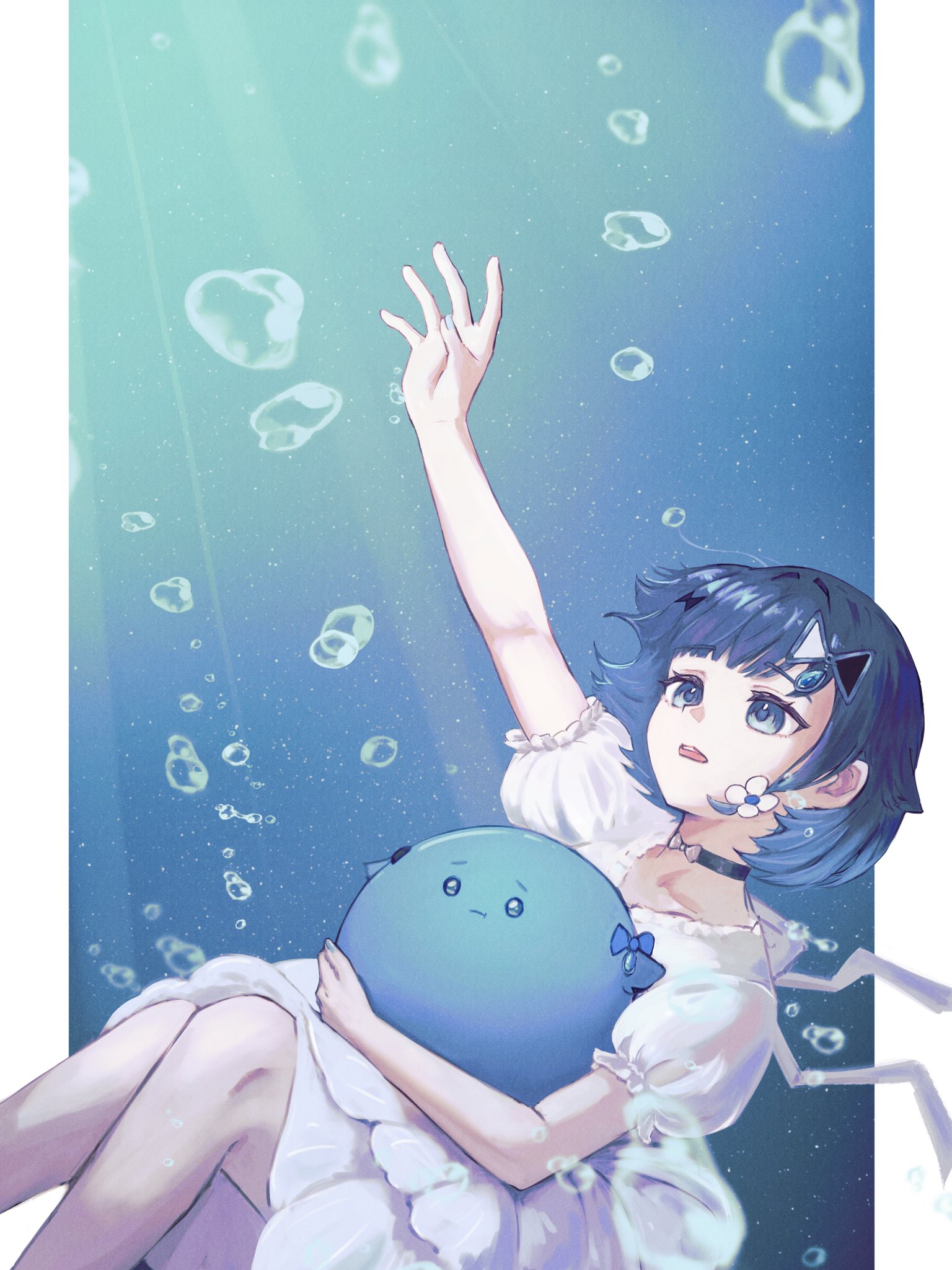 tsubu (kappunioyu562), tsumugi kokage, vspo!, highres, 1girl, air bubble, alternate costume, black choker, blue eyes, blue hair, bubble, choker, creature, dress, feet out of frame, gradient hair, hair flaps, holding, holding creature, medium hair, multicolored hair, open mouth, outside border, pillarboxed, puffy short sleeves, puffy sleeves, reaching, short sleeves, solo, underwater, virtual youtuber, water drop hair ornament, white dress