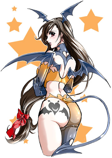 yo ne suke, yonesuke, tifa lockhart, final fantasy, final fantasy vii, bad id, bad pixiv id, 1girl, ass, ass tattoo, bow, brown eyes, brown hair, clothing cutout, cosplay, earrings, female focus, from behind, gloves, hair bow, halloween, head wings, heart, heart cutout, heart tattoo, jewelry, lipstick, long hair, looking back, low-tied long hair, makeup, profile, solo, star (symbol), tail, tail through clothes, tattoo, very long hair, wings
