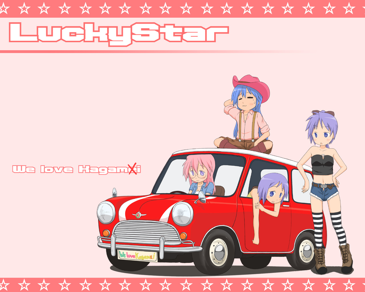 suriheru, hiiragi kagami, hiiragi tsukasa, izumi konata, takara miyuki, lucky star, mini cooper, striped legwear, bad id, bad pixiv id, 00s, 4girls, bare shoulders, belt, blue eyes, blue hair, car, cowboy hat, cowboy western, denim, denim shorts, hat, long hair, midriff, mole, mole under eye, motor vehicle, multiple girls, pink hair, ponytail, purple hair, ribbon, shorts, striped clothes, striped thighhighs, suspenders, thighhighs, vehicle focus