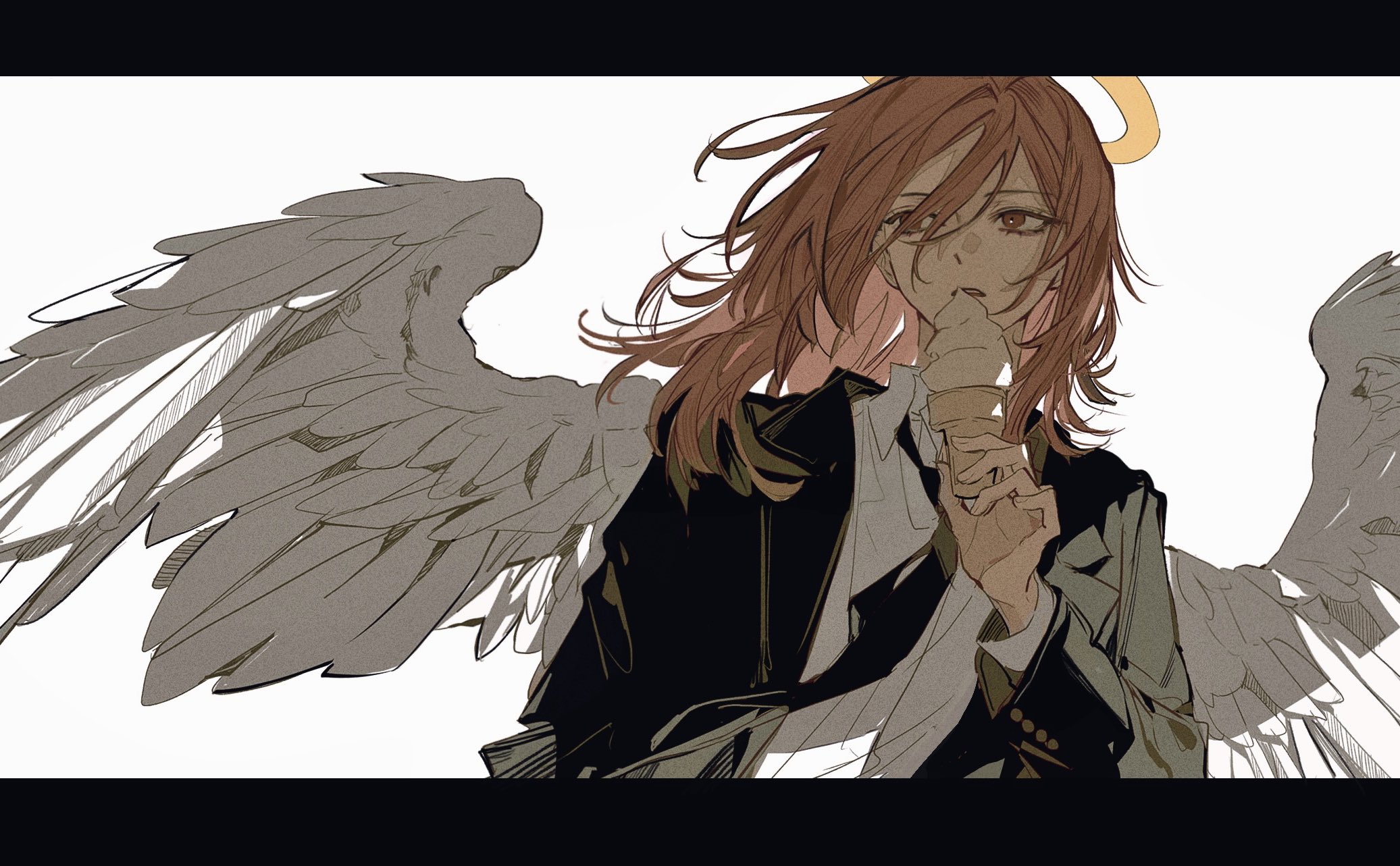 evl 1230, angel devil (chainsaw man), chainsaw man, highres, 1boy, androgynous, angel wings, black border, black jacket, black necktie, black suit, border, brown eyes, brown hair, collared shirt, feathered wings, formal clothes, hair between eyes, halo, holding, holding ice cream cone, ice cream cone, jacket, letterboxed, long hair, male focus, necktie, shirt, solo, suit, upper body, white background, white shirt, white wings, wings