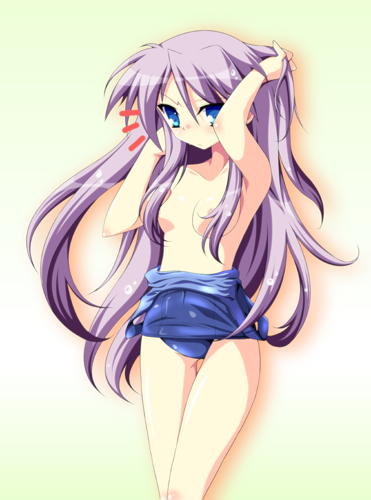 ka2, hiiragi kagami, lucky star, 00s, 1girl, adjusting hair, arms up, blue eyes, blush, breasts, censored, clothes pull, convenient censoring, female focus, hair censor, hair over breasts, long hair, nipples, one-piece swimsuit, one-piece swimsuit pull, purple hair, school swimsuit, small breasts, solo, standing, swimsuit, topless female, twintails, undressing