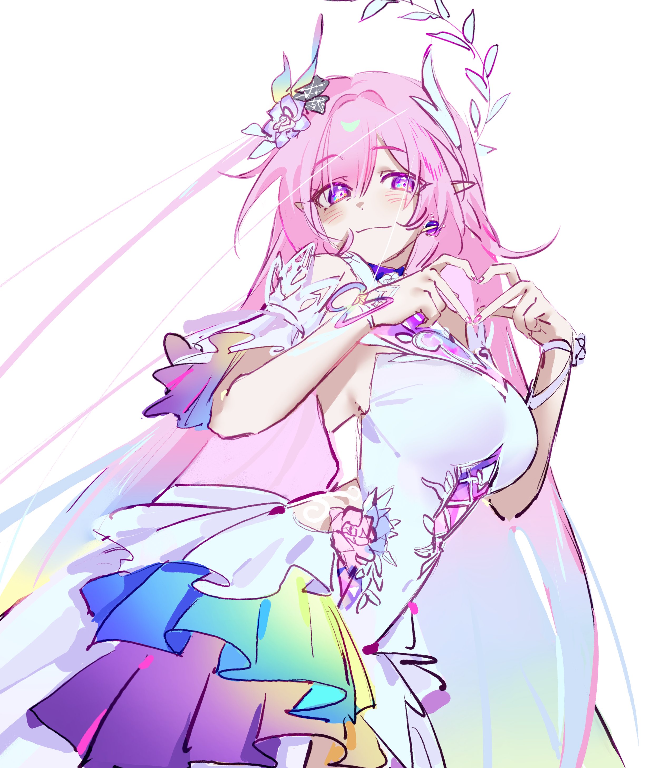 cyrene (honkai: star rail), cyrene (ripples of past reverie) (honkai: star rail), honkai: star rail, honkai (series), absurdres, commentary, highres, symbol-only commentary, 1girl, breasts, diamond-shaped pupils, diamond (shape), dress, flower, four-finger heart hands, hair flower, hair ornament, halo, heart, heart hands, large breasts, long hair, pek0 ww, pink hair, pointy ears, purple eyes, simple background, smile, solo, symbol-shaped pupils, very long hair, white background, white dress
