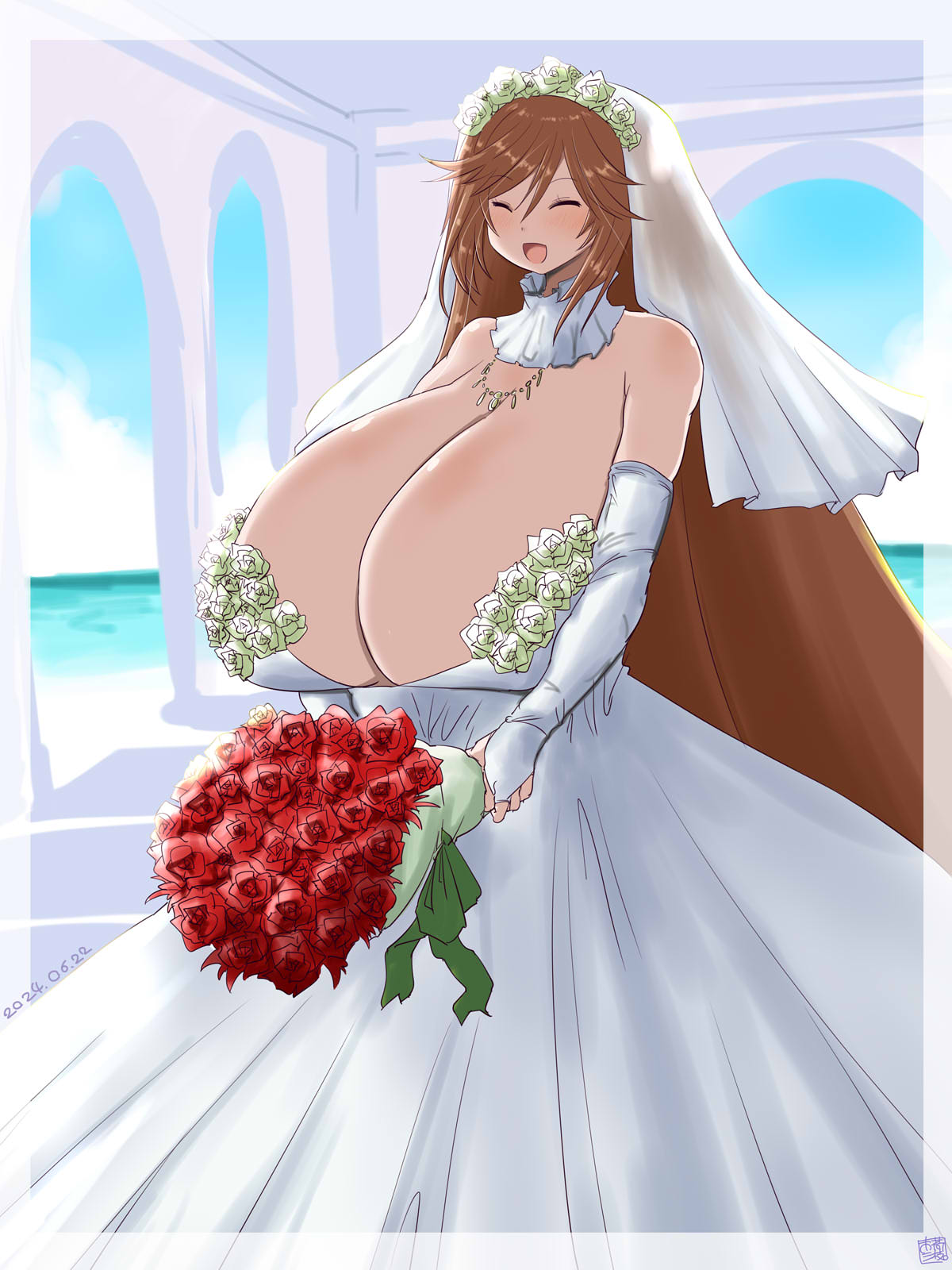 itini-sanshi, suiseiseki, rozen maiden, commentary request, highres, 1girl, :d, alternate breast size (larger), alternate costume, blush, bouquet, breasts, bridal gauntlets, bridal veil, brown hair, cleavage, closed eyes, collar, cowboy shot, dated, dress, flower, gigantic breasts, holding, holding bouquet, long hair, open mouth, red flower, red rose, rose, smile, solo, strapless, strapless dress, veil, very long hair, wedding dress, white bridal gauntlets, white collar, white dress