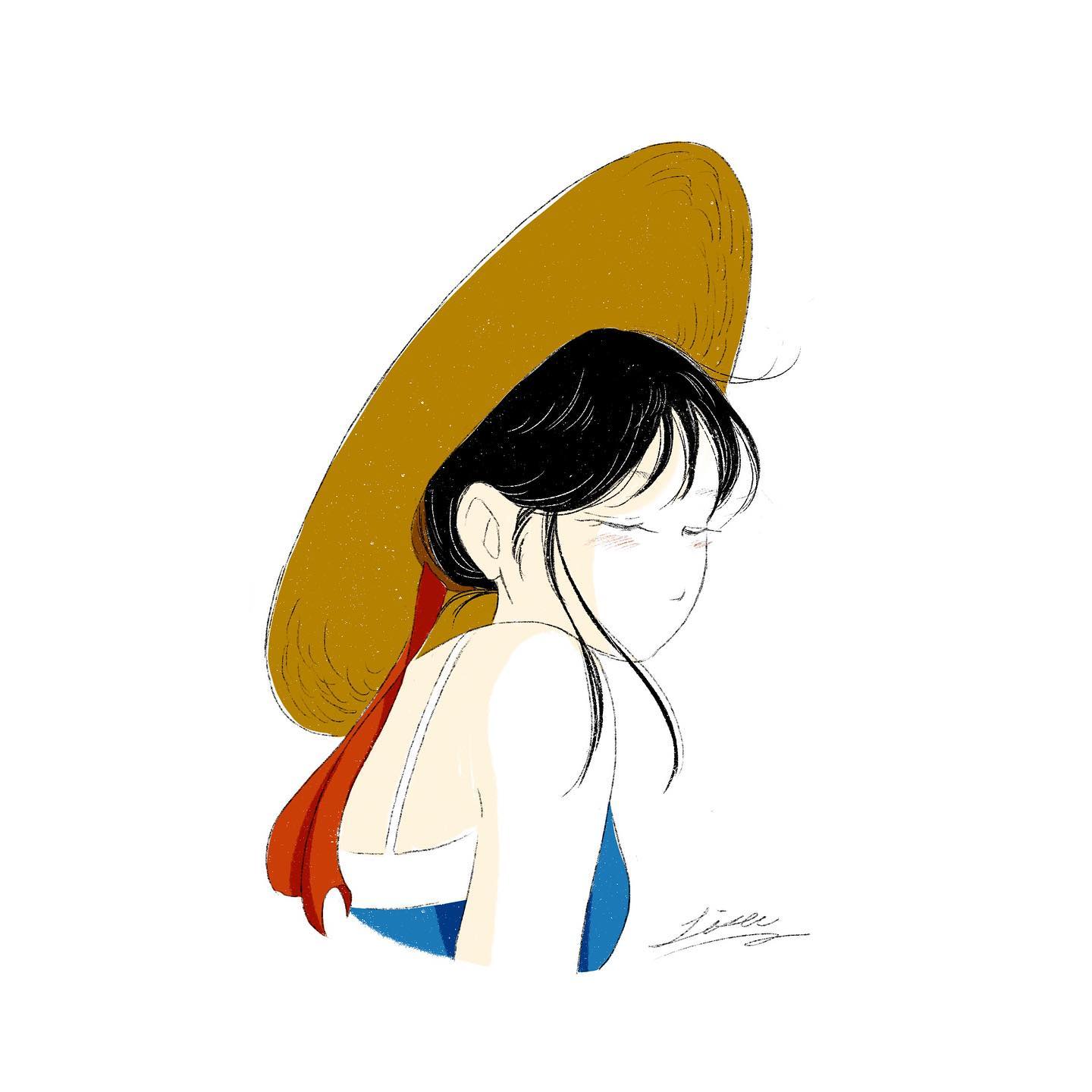 lisa (illustsan430), original, commentary request, highres, 1girl, armpit crease, artist name, bare shoulders, black hair, blue camisole, blush, breasts, brown hat, camisole, choppy bangs, closed eyes, cropped torso, from side, hair ribbon, hat, no mouth, red ribbon, ribbon, sidelocks, signature, simple background, small breasts, solo, sun hat, turning head, upper body, white background