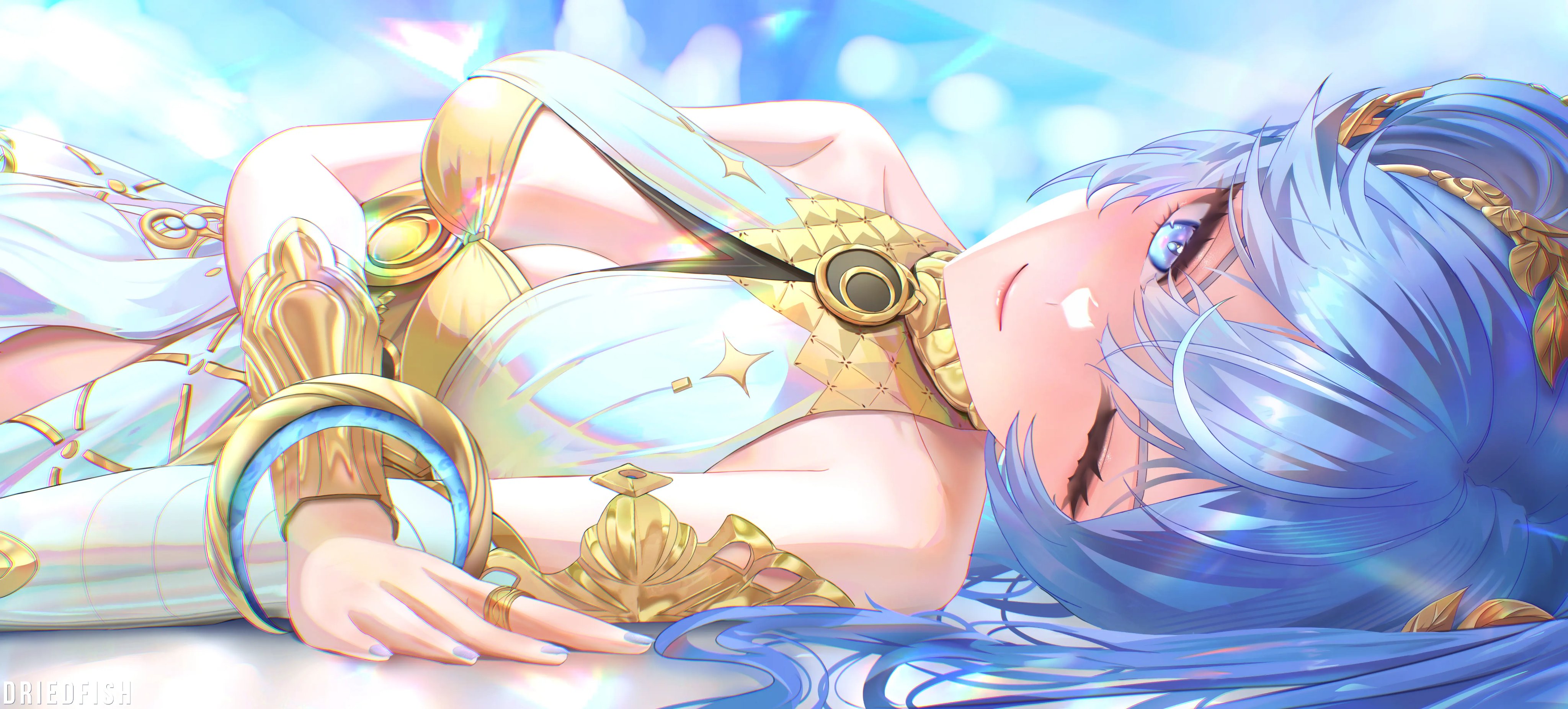 realdriedfish, iuno (wuthering waves), wuthering waves, absurdres, commentary, highres, 1girl, bare shoulders, blue eyes, blue hair, blue nails, breasts, cleavage, fingernails, gold bra, laurel crown, long hair, looking at viewer, lying, medium breasts, nail polish, on side, one eye closed, solo, vambraces