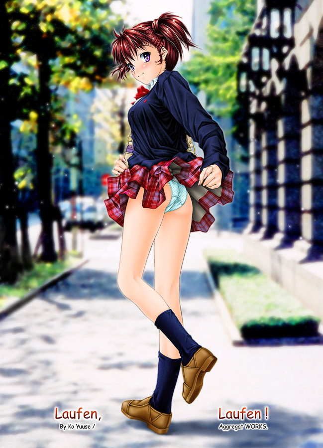 yuuse kouichi, original, looking back, panties, purple eyes, red hair, school uniform, serafuku, short hair, solo, twintails, underwear