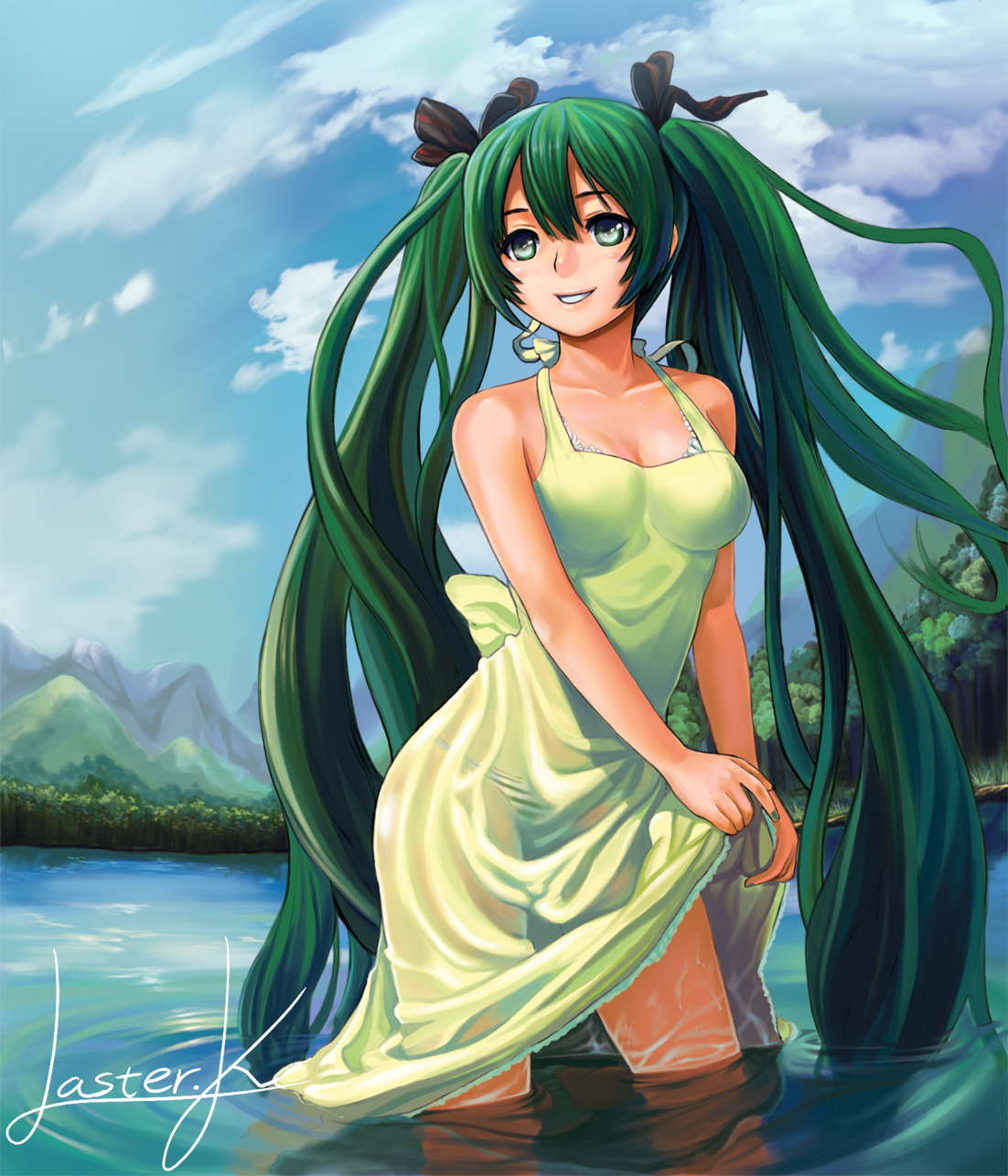 lasterk, hatsune miku, vocaloid, highres, 00s, 1girl, artist name, bra, clothes lift, cloud, day, dress, dress lift, female focus, green eyes, green hair, green nails, grin, lingerie, long hair, matching hair/eyes, nail polish, panties, ribbon, see-through clothes, signature, skirt, skirt hold, skirt lift, sky, smile, solo, striped clothes, striped panties, underwear, very long hair, wading, water, wet, wet clothes
