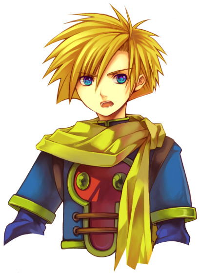 camelot, natsuki sao, isaac (golden sun), golden sun, 1boy, blonde hair, blue eyes, male focus, open mouth, scarf, short hair, solo
