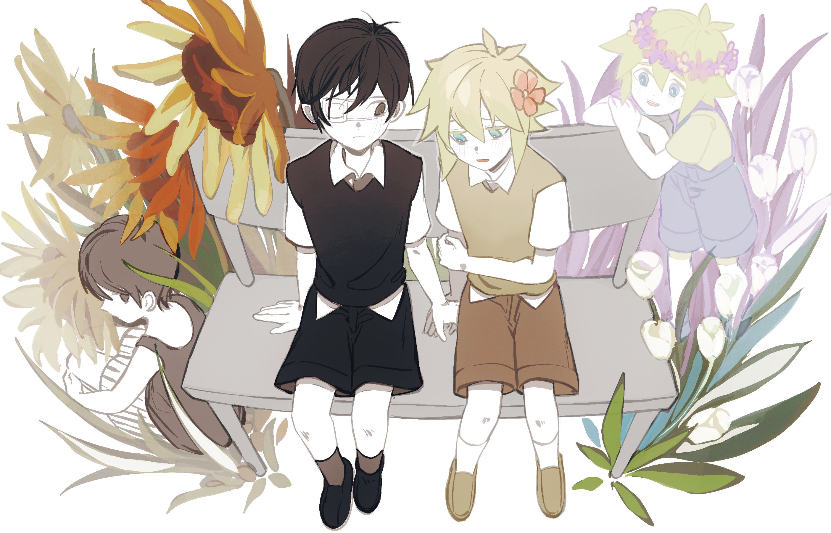 moonskysoon, basil (faraway) (omori), basil (headspace) (omori), basil (omori), omori (omori), sunny (omori), omori, chinese commentary, commentary request, highres, spoilers, 4boys, :d, antenna hair, arm support, bare arms, bare shoulders, black hair, black shoes, black shorts, black sweater vest, black tank top, blonde hair, blue eyes, blue overalls, brown shorts, brown socks, closed mouth, collared shirt, colored skin, crossed arms, double-parted bangs, dual persona, eyepatch, flower, flower wreath, from above, frown, full body, green hair, green sweater vest, hair between eyes, hair flower, hair ornament, hand on own arm, head wreath, kneehighs, leaf, looking at another, looking down, male focus, medical eyepatch, multiple boys, on bench, one eye covered, open mouth, overall shorts, overalls, pink flower, red flower, shirt, shoes, short hair, short sleeves, shorts, simple background, sitting, smile, socks, standing, striped clothes, striped shorts, sunflower, sweater vest, tank top, tulip, vertical-striped clothes, vertical-striped shorts, very short hair, white background, white flower, white shirt, white shorts, white skin, white socks, white tulip