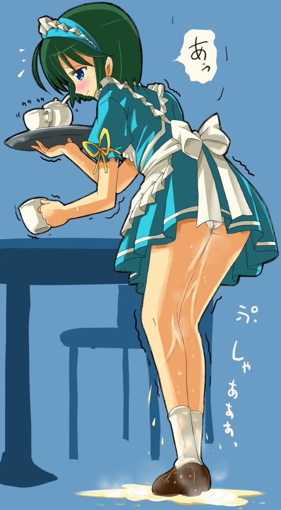 artist request, character request, source request, 1girl, apron, aqua dress, blue background, blue eyes, blush, bow, chair, closed mouth, crying, cup, dress, embarrassed, female focus, frills, green hair, headdress, holding, japanese text, loafers, maid, maid headdress, panties, peeing, peeing self, puddle, shoes, short hair, socks, solo, speech bubble, standing, table, teacup, teapot, tears, tray, trembling, underwear, waitress, wet, wet clothes, wet panties, white panties, white socks