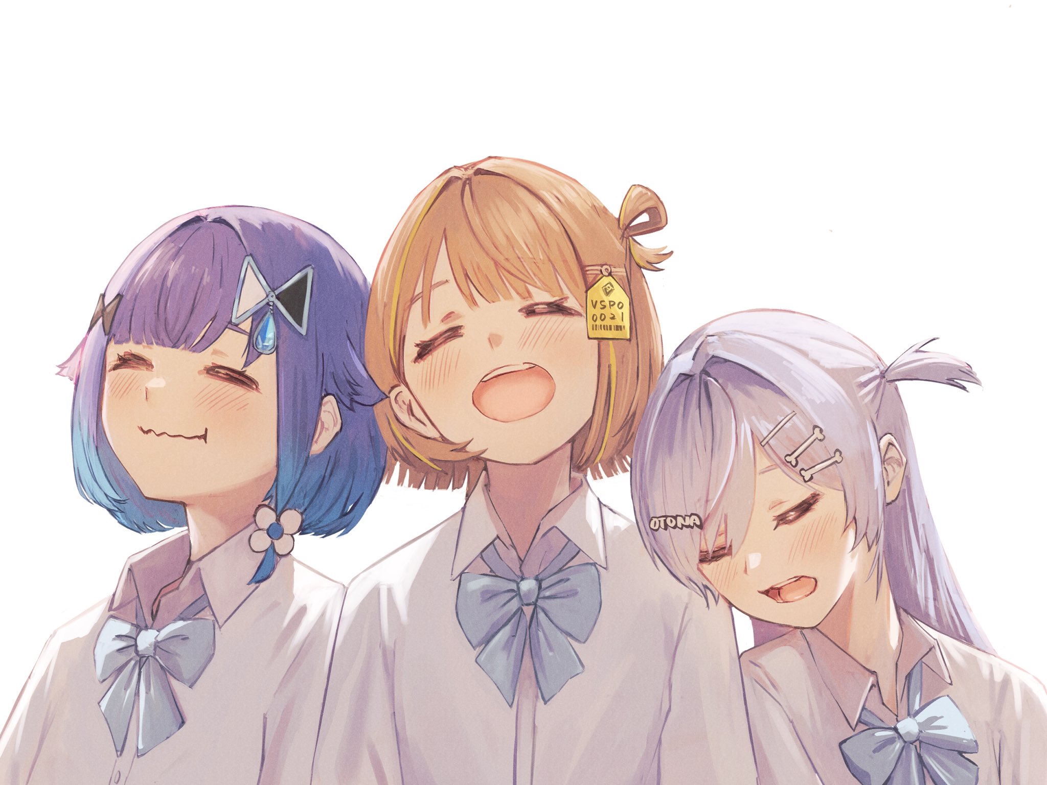 tsubu (kappunioyu562), sendo yuuhi, tsumugi kokage, yano kuromu, vspo!, highres, 3girls, alternate costume, blouse, blue bow, blue bowtie, blush, bone hair ornament, bow, bowtie, brown hair, choker, closed eyes, collared shirt, gradient hair, hair flaps, hair intakes, hair ornament, hair rings, leaning on person, long hair, loose bowtie, medium hair, multicolored hair, multiple girls, one side up, parted bangs, school uniform, shirt, simple background, single hair ring, streaked hair, teeth, upper teeth only, virtual youtuber, water drop hair ornament, wavy mouth, white background, white shirt