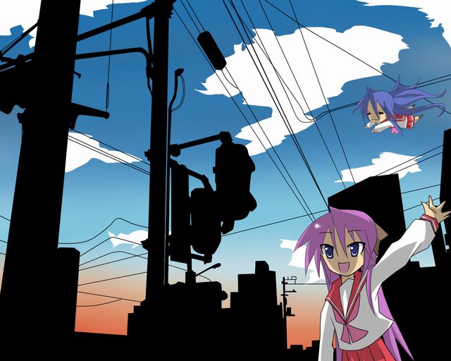 wotty, hiiragi kagami, izumi konata, lucky star, 00s, 2girls, bad anatomy, blue eyes, blue hair, chibi, cloud, day, long hair, multiple girls, poorly drawn, power lines, purple hair, school uniform, serafuku, sky, twintails