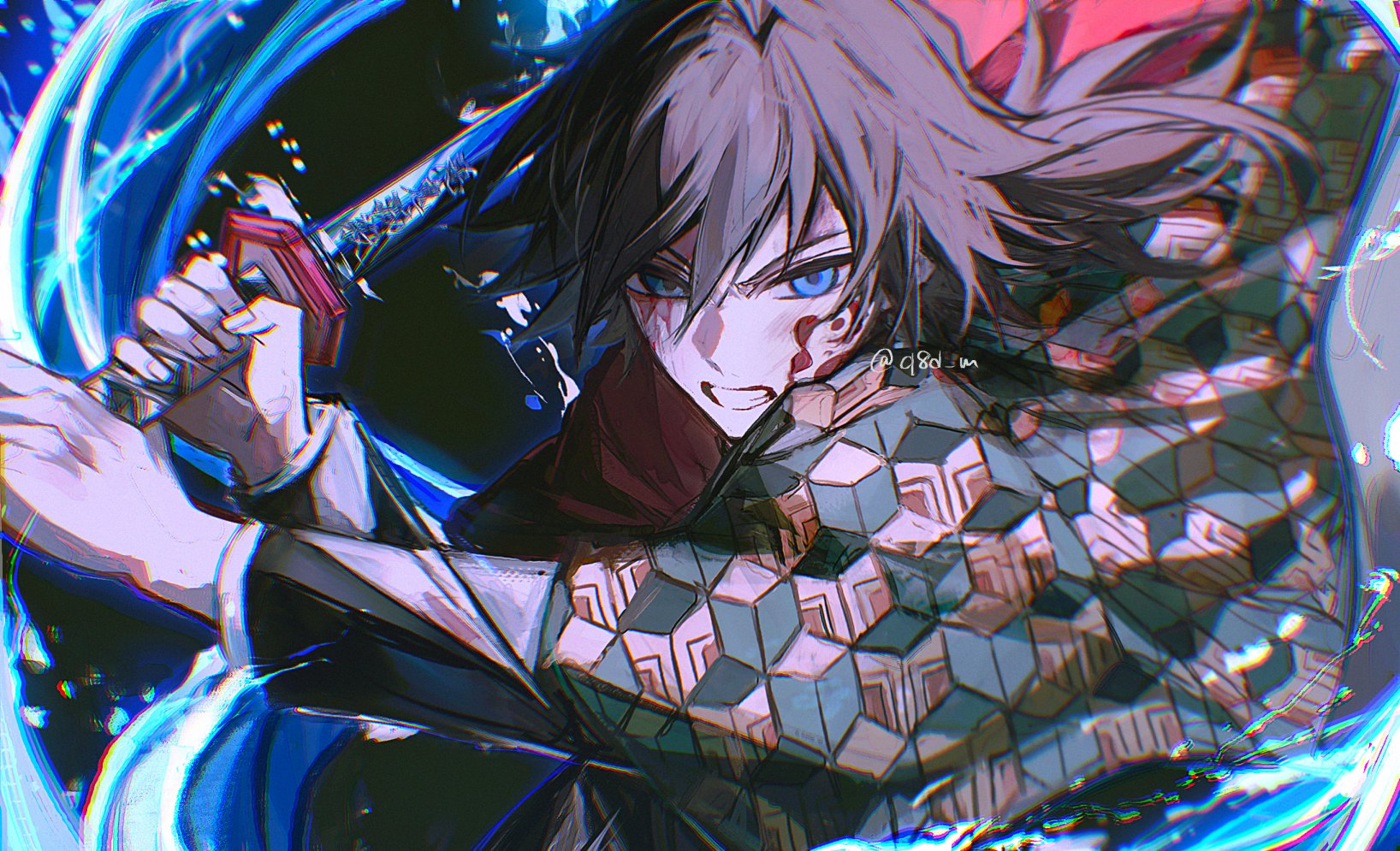 tomioka giyuu, kimetsu no yaiba, highres, 1boy, black hair, black jacket, black pants, blood, blood on face, blue eyes, clenched teeth, demon slayer uniform, hair between eyes, haori, high collar, holding, holding sword, holding weapon, jacket, japanese clothes, katana, kikkoumon, looking at viewer, low ponytail, male focus, pants, ponytail, print haori, q8d m, red haori, solo, spiked hair, sword, sword writing, teeth, twitter username, upper body, water, weapon
