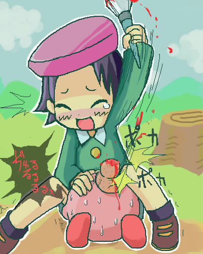 adeleine, kirby, kirby (series), kirby 64, lowres, 1girl, beret, blood, hat, paintbrush, short hair, spanked, sweat
