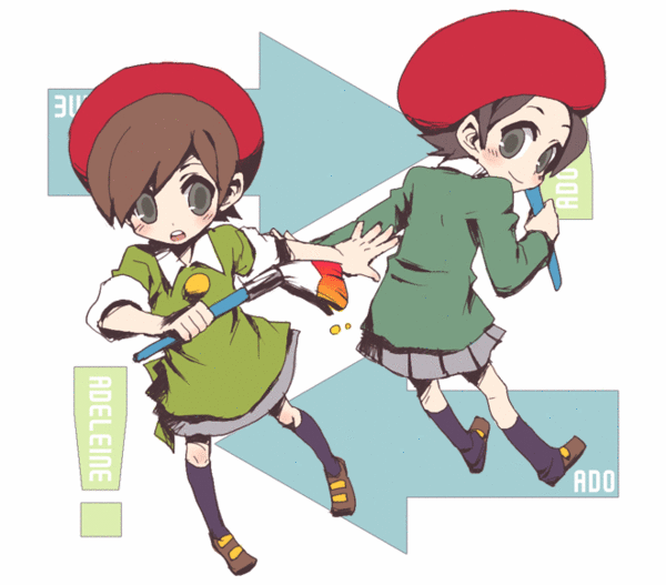 adeleine, ado, kirby's dream land 3, kirby (series), kirby 64, nintendo, !, 2girls, arrow (symbol), art brush, beret, dual persona, hat, multiple girls, paintbrush, short hair, skirt