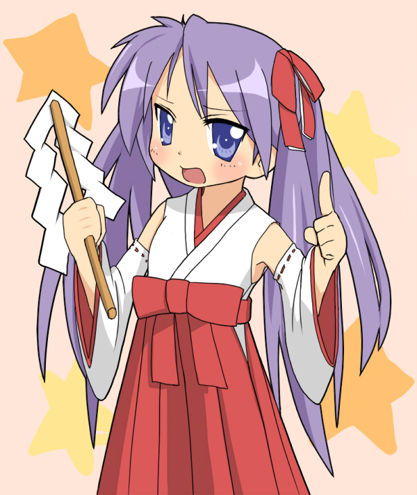 suzumiya annko, hiiragi kagami, lucky star, bad id, bad pixiv id, 00s, 1girl, armpits, blue eyes, bow, detached sleeves, female focus, frown, gohei, hair ribbon, hakama, hakama skirt, japanese clothes, long hair, miko, open mouth, pointing, purple hair, red hakama, ribbon, skirt, solo, star (symbol), tsurime, twintails