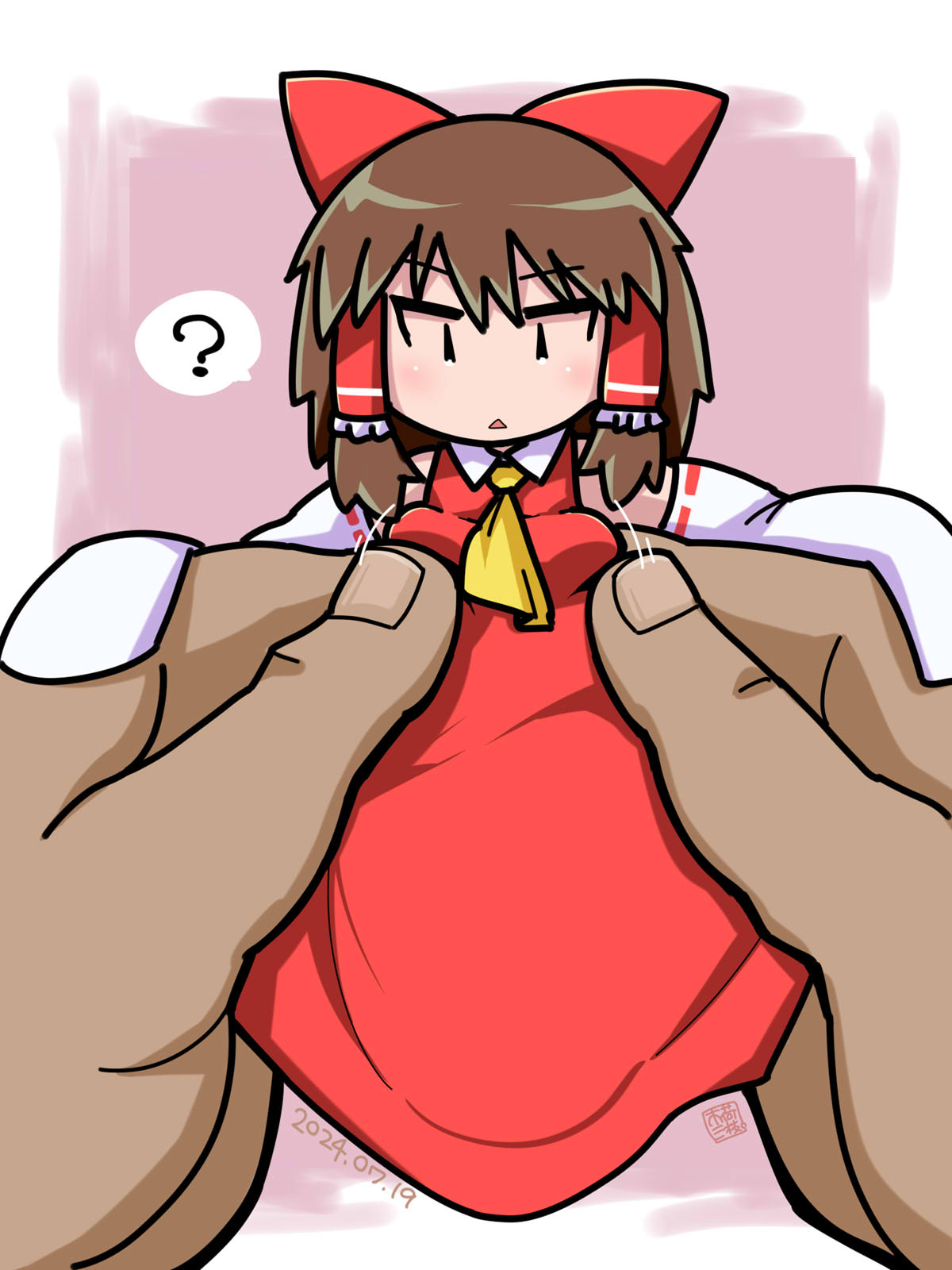 itini-sanshi, hakurei reimu, sakenomi (cookie), cookie (touhou), touhou, commentary request, highres, 1boy, 1girl, ?, ascot, blush, bow, breasts, brown hair, detached sleeves, dress, frilled hair tubes, frills, full body, hair bow, hair tubes, holding, holding mini person, looking at viewer, mini person, minigirl, open mouth, pov, pov hands, red bow, red dress, ribbon-trimmed sleeves, ribbon trim, short hair, sidelocks, small breasts, solo focus, spoken question mark, triangle mouth, white background, white sleeves, yellow ascot