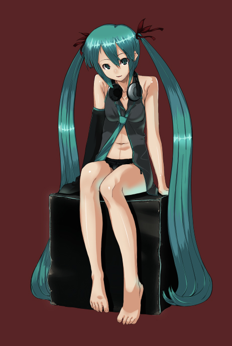 yada ei, hatsune miku, vocaloid, bad id, bad pixiv id, barefoot, black panties, detached sleeves, feet, green eyes, green hair, headphones, headphones around neck, long hair, navel, necktie, no pants, panties, sitting, solo, twintails, underwear