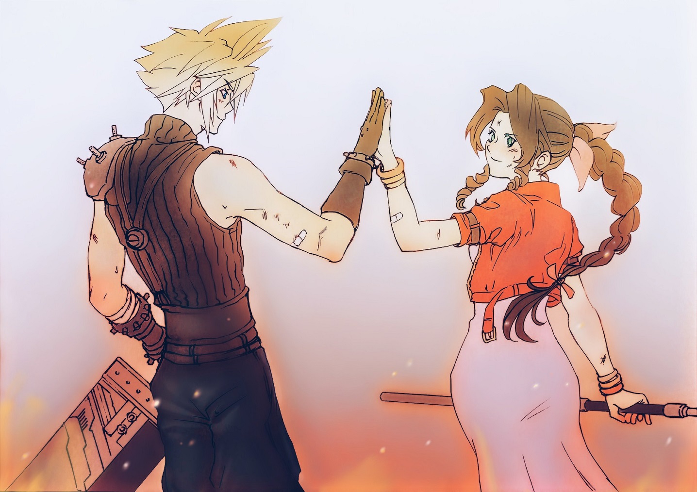 herzenreine, aerith gainsborough, cloud strife, final fantasy, final fantasy vii, final fantasy vii remake, 1boy, 1girl, armor, bandaged arm, bandages, bandaid, bandaid on arm, bangle, belt, black gloves, black pants, black shirt, blonde hair, bracelet, braid, braided ponytail, breasts, brown hair, buster sword, cowboy shot, cropped jacket, dirty, dirty face, dress, fire, gloves, green eyes, hair between eyes, hair ribbon, high five, holding, holding staff, holding sword, holding weapon, jacket, jewelry, light blush, long dress, long hair, looking at another, medium breasts, multiple belts, pants, parted bangs, pauldrons, pink dress, pink ribbon, red jacket, ribbon, shirt, short hair, short sleeves, shoulder armor, sidelocks, single bare shoulder, single braid, single pauldron, sleeveless, sleeveless turtleneck, smile, spiked hair, staff, suspenders, sword, turtleneck, weapon
