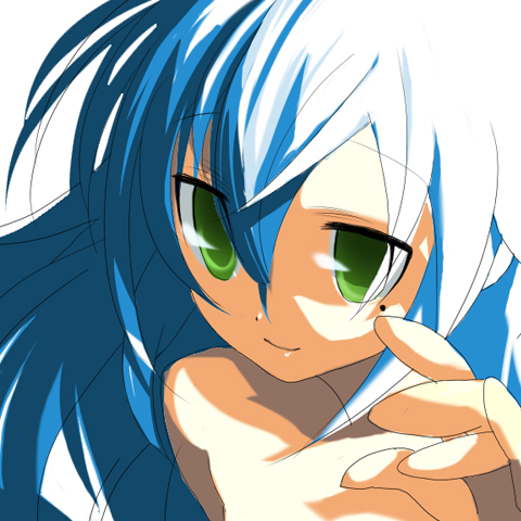 sora to umi, izumi konata, lucky star, lowres, 00s, 1girl, blue hair, female focus, green eyes, mole, mole under eye, solo