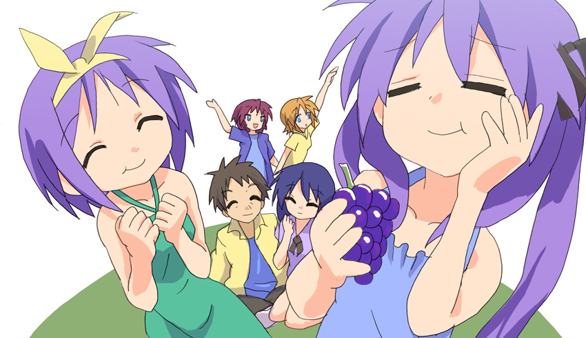 sora to umi, hiiragi inori, hiiragi kagami, hiiragi matsuri, hiiragi miki, hiiragi tadao, hiiragi tsukasa, lucky star, 00s, 1boy, 5girls, age difference, blue eyes, brown hair, closed eyes, collarbone, eating, family, father and daughter, food, fruit, grapes, hair ribbon, happy, mother and daughter, multiple girls, open mouth, purple hair, ribbon, siblings, sisters, smile, twintails, waving
