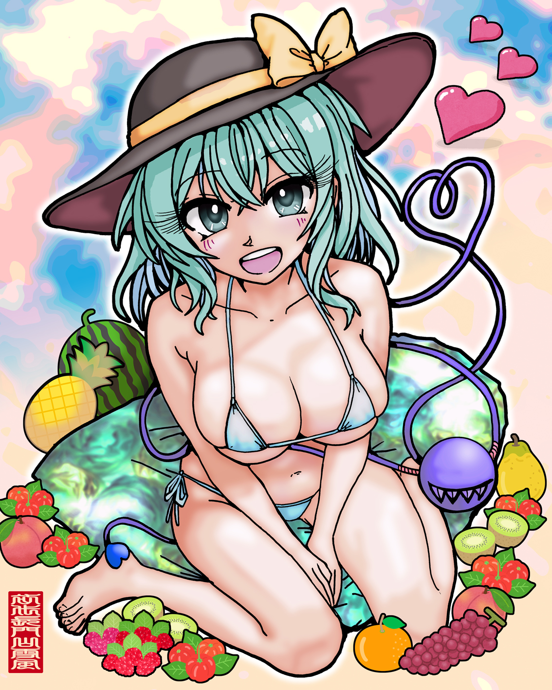 wakisaka dk, komeiji koishi, touhou, highres, 1girl, abstract background, barefoot, bikini, black hat, bow, breasts, feet, food, from above, fruit, full body, green bikini, green eyes, green hair, hat, hat bow, heart, large breasts, long hair, looking at viewer, navel, open mouth, sitting, solo, swimsuit, third eye, yellow bow