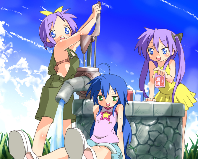 sora to umi, hiiragi kagami, hiiragi tsukasa, izumi konata, lucky star, 00s, 3girls, ahoge, casual, cloud, day, hand pump, multiple girls, outdoors, pump, sky, water, water pump, well