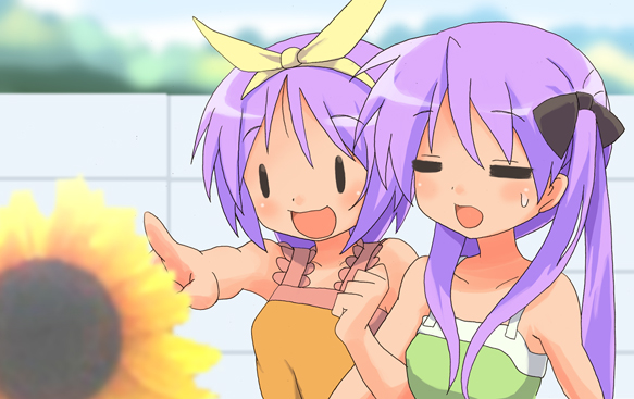 sora to umi, hiiragi kagami, hiiragi tsukasa, lucky star, 00s, flower, long hair, pointing, purple hair, ribbon, short hair, siblings, sisters, sunflower, twintails, | |
