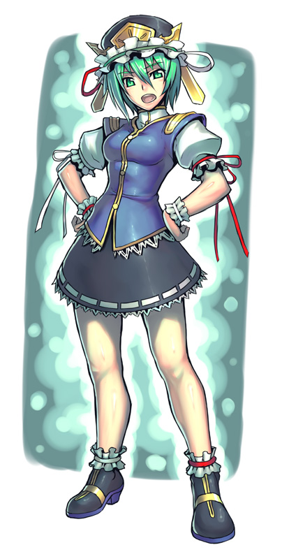 jony (avion mura), shiki eiki, touhou, 1girl, asymmetrical clothes, female focus, green eyes, green hair, hands on own hips, matching hair/eyes, short hair, skirt, solo