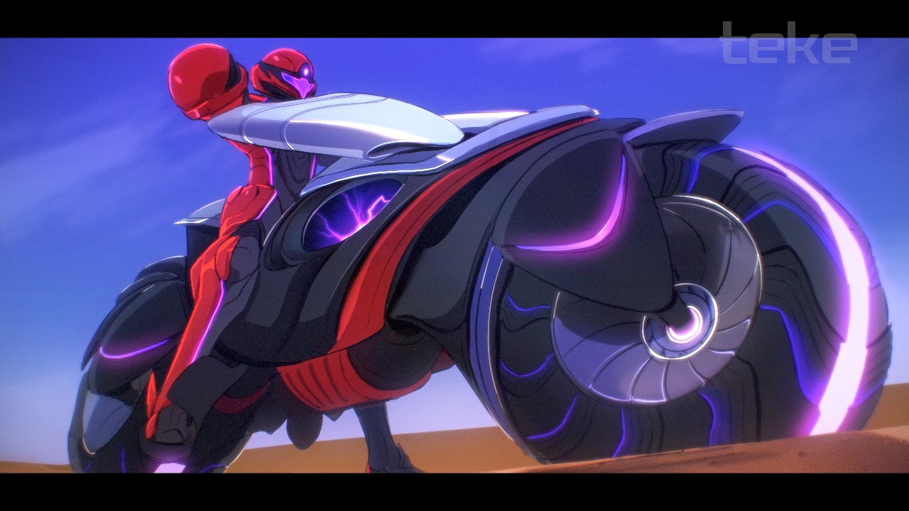 teke, samus aran, metroid, nintendo, 1girl, armor, artist name, assault visor, blue sky, desert, glowing lines, motor vehicle, motorcycle, neon trim, power armor, power suit, power suit (metroid), purple visor, science fiction, shoulder pads, sky, solo, vi-o-la, vi-o-la suit