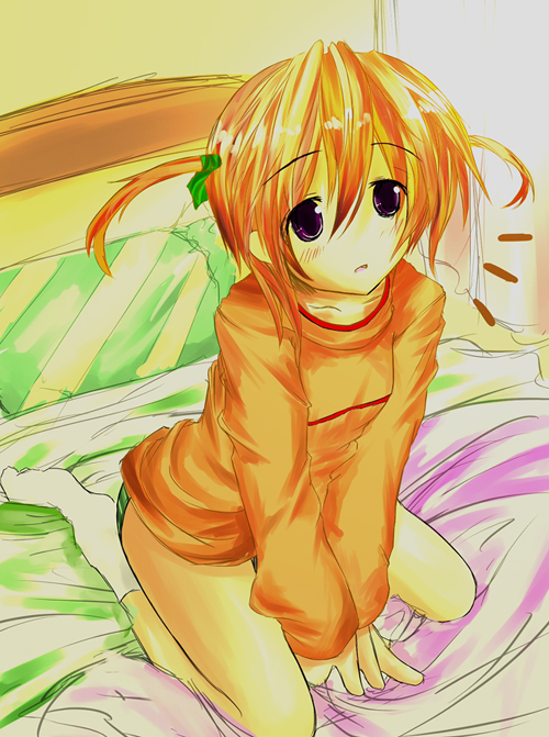 takamachi nanoha, lyrical nanoha, mahou shoujo lyrical nanoha, 00s, 1girl, bed, blush, female focus, green panties, kneeling, orange hair, orange shirt, panties, purple eyes, shirt, short hair, short twintails, socks, solo, surprised, twintails, underwear