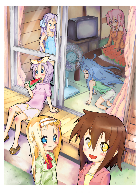 pro, hiiragi kagami, hiiragi tsukasa, izumi konata, kusakabe misao, minegishi ayano, takara miyuki, lucky star, bad id, bad pixiv id, 00s, 6+girls, casual, electric fan, fanning face, fanning self, food, fruit, multiple girls, watermelon
