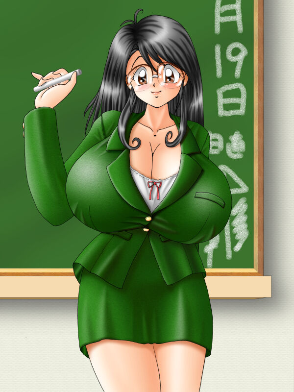 seastone, tagme, 1girl, black hair, breasts, brown eyes, chalkboard, classroom, cleavage, female focus, formal clothes, glasses, huge breasts, indoors, long hair, looking at viewer, miniskirt, school, skirt, skirt suit, smile, solo, suit, teacher