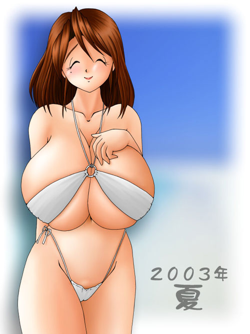 seastone, tagme, 1girl, 2003, ^ ^, bikini, blush, breasts, brown hair, cleavage, closed eyes, collarbone, female focus, hand on own chest, huge breasts, long hair, mole, mole under eye, o-ring, o-ring bikini, side-tie bikini bottom, sideboob, smile, solo, summer, swimsuit, white bikini