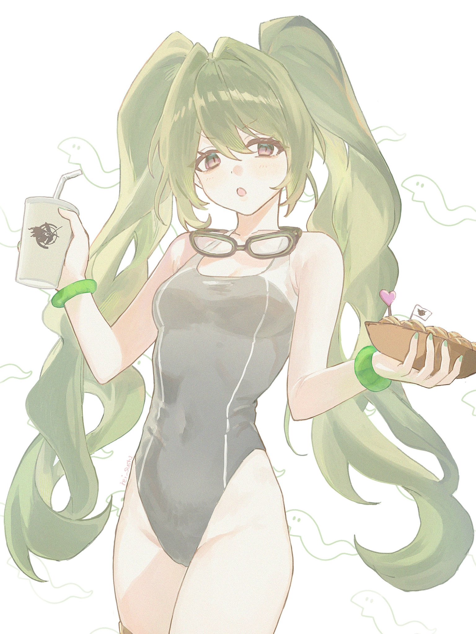 rei sush, mobius (honkai impact), mobius (summer 2024) (honkai impact), honkai (series), honkai impact 3rd, commentary request, highres, 1girl, :o, breasts, cup, disposable cup, fire moth logo (honkai impact), food, goggles, goggles around neck, green hair, grey one-piece swimsuit, holding, holding cup, holding food, long hair, official alternate hairstyle, one-piece swimsuit, slit pupils, small breasts, solo, swimsuit, thighs, twintails, very long hair
