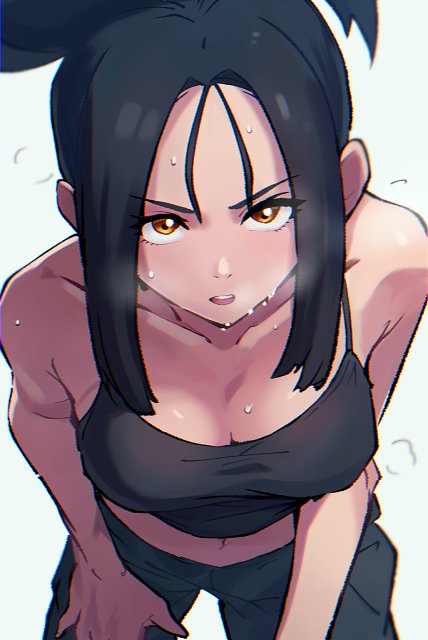 rewin (nobabys perfect), dendra (pokemon), nintendo, pokemon, pokemon sv, bent over, black hair, black pants, black tank top, blush, breasts, cleavage, hand on own knee, looking at viewer, medium breasts, midriff, pants, ponytail, sidelocks, sweat, tank top, yellow eyes