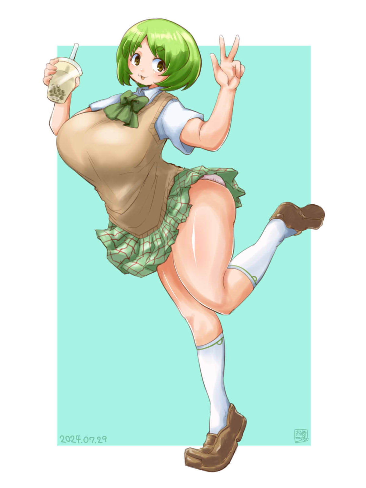 itini-sanshi, yarumi, 2channel, commentary request, highres, 1girl, :3, blue background, blush, bow, bowtie, breasts, brown eyes, brown shoes, brown vest, bubble tea, dated, full body, green bow, green bowtie, green hair, huge breasts, looking at viewer, open mouth, plaid clothes, plaid skirt, pleated skirt, shiny skin, shirt, shoes, short hair, short sleeves, simple background, skirt, smile, socks, solo, standing, standing on one leg, sweater vest, two-tone background, vest, w, white background, white shirt, white socks