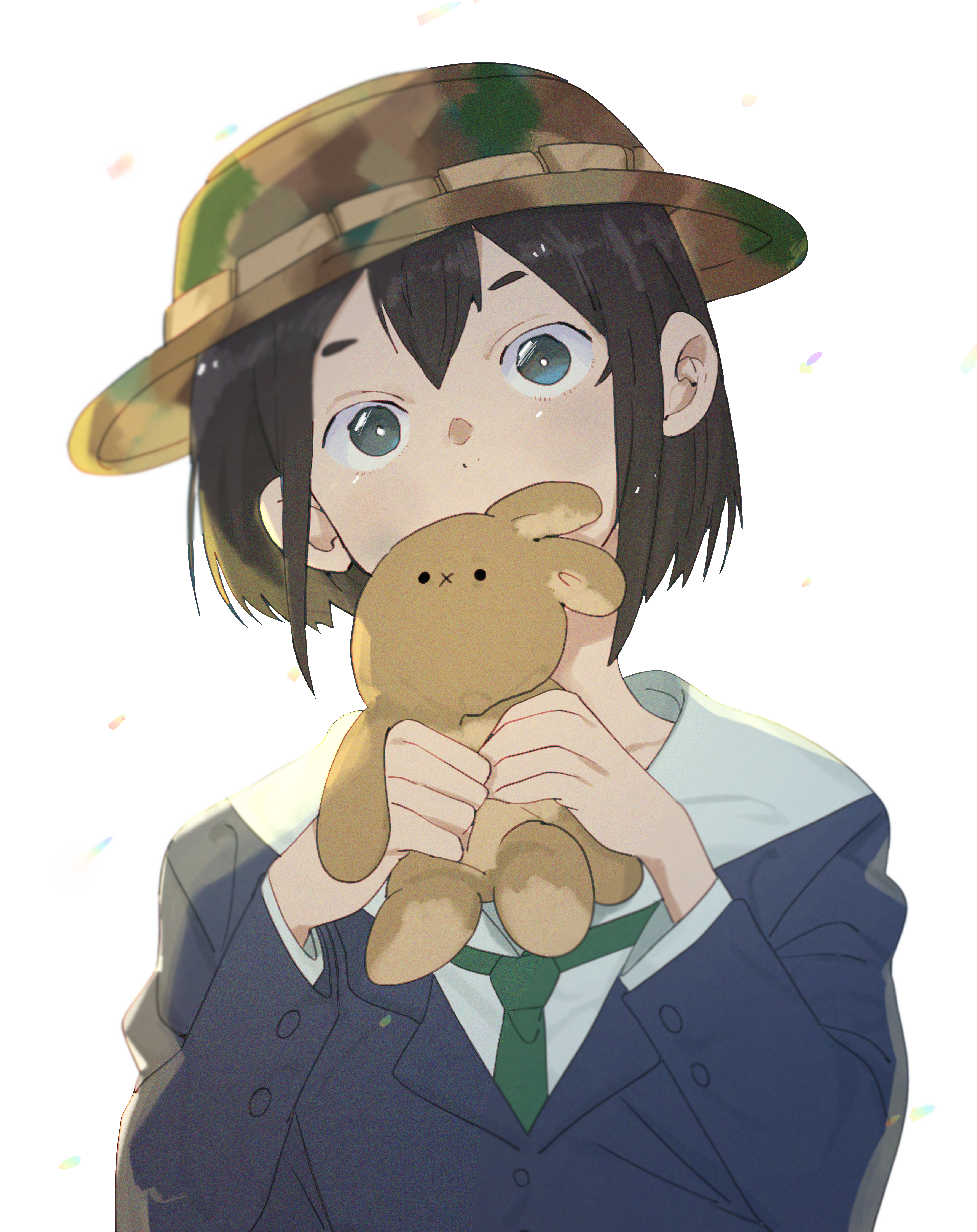 takao (88499191), asakusa midori, eizouken ni wa te wo dasu na!, absurdres, commentary, highres, 1girl, black hair, boonie hat, camouflage hat, holding, holding stuffed toy, necktie, school uniform, shibahama high school uniform, short hair, solo, stuffed animal, stuffed rabbit, stuffed toy