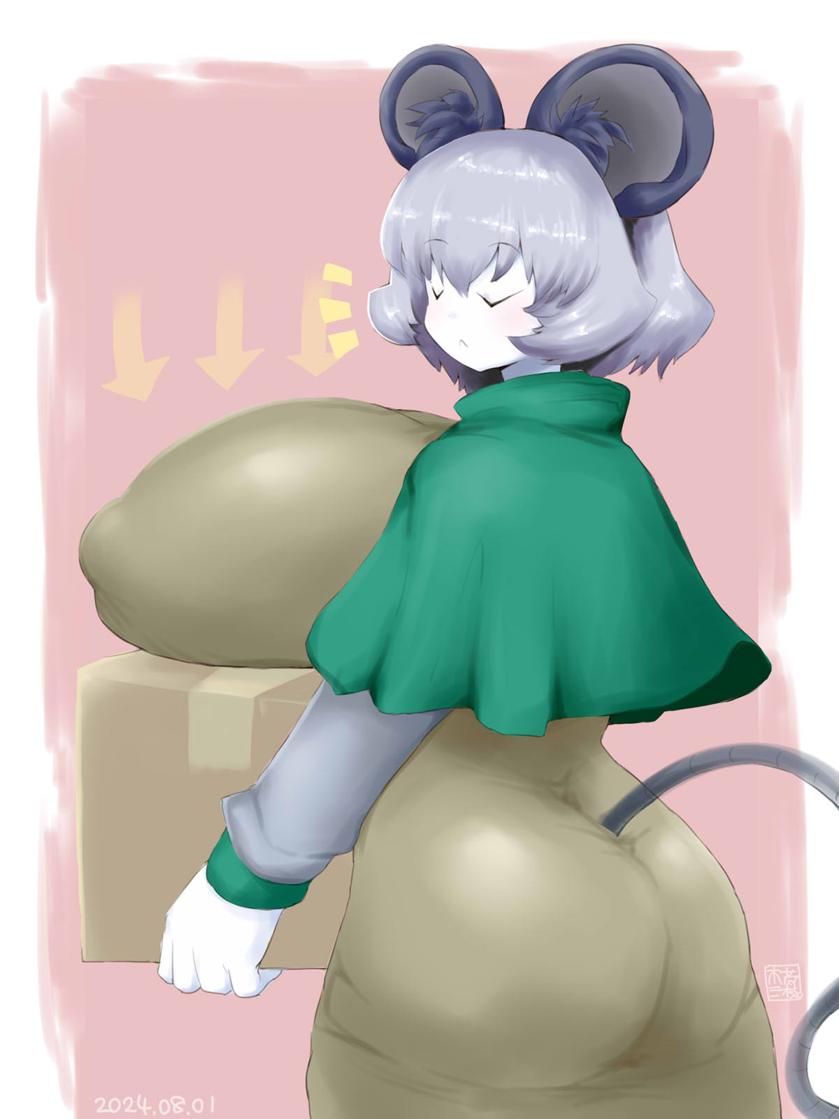 itini-sanshi, nazrin, nyon (cookie), cookie (touhou), touhou, commentary request, highres, 1girl, animal ear fluff, animal ears, ass, box, breasts, brown dress, capelet, cardboard box, closed eyes, closed mouth, covered erect nipples, cowboy shot, dress, from behind, green capelet, grey hair, holding, holding box, huge breasts, long sleeves, mouse ears, mouse girl, mouse tail, pink background, short hair, solo, tail