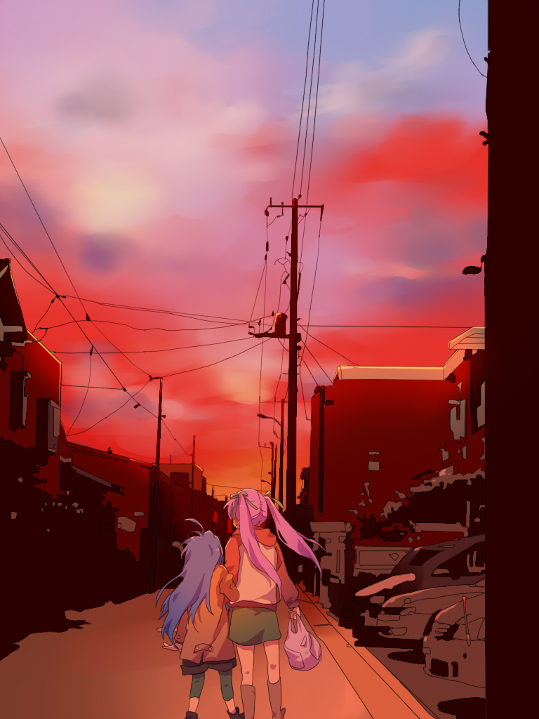 tsuna (pixiv220877), hiiragi kagami, izumi konata, lucky star, 00s, blue hair, long hair, power lines, purple hair, sunset, twintails