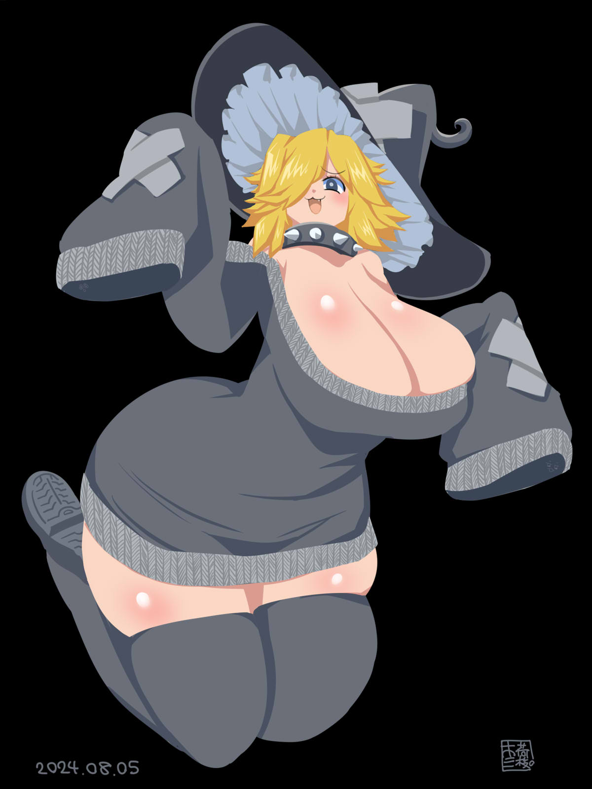 itini-sanshi, cookie (touhou), commentary request, highres, 1girl, :3, black background, black collar, black eyes, blonde hair, blush, breasts, cleavage, collar, dated, dress, fake yuuhi (cookie), fang, frilled hat, frills, full body, grey dress, grey hat, grey thighhighs, hair over one eye, hat, huge breasts, jumping, looking at viewer, medium hair, open mouth, short dress, simple background, sleeves past fingers, sleeves past wrists, smile, solo, spiked collar, spikes, sweater, sweater dress, thighhighs, witch hat